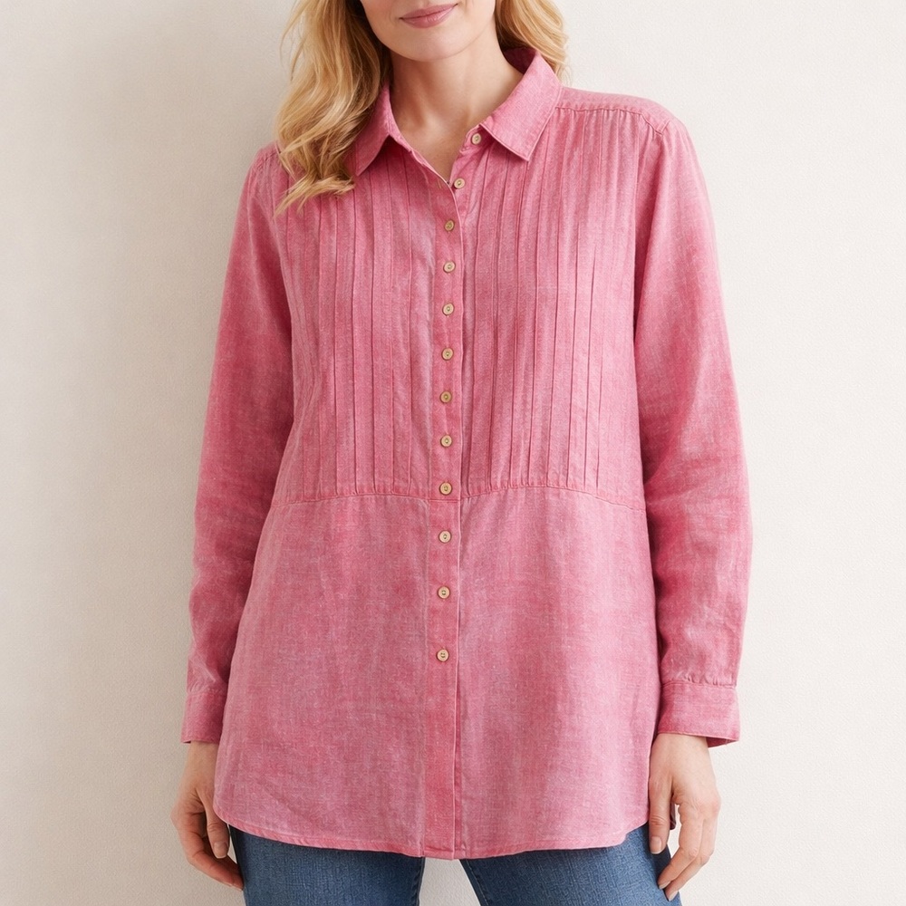 Coldwater Creek 100% Linen Pintuck Long Sleeve Button Front Top Pink SIZE Large